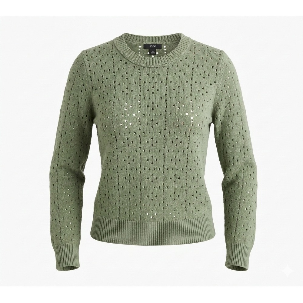 J Crew Women's Pointelle Crewneck J6306 Green Sweater. Size M